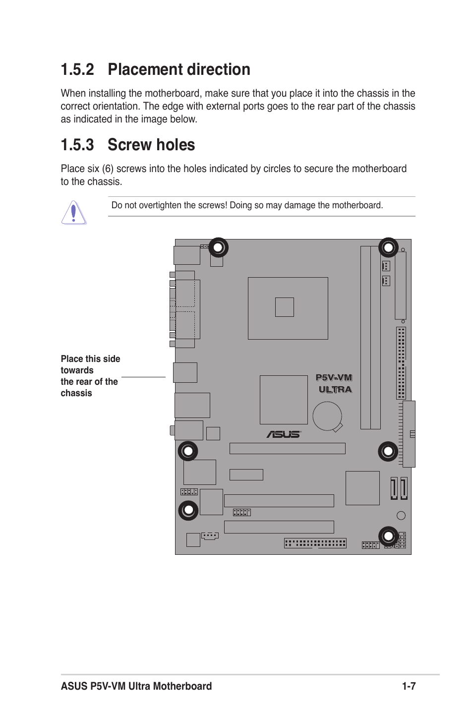 2 placement direction, 3 screw holes | Asus MOTHERBOARD ULTRA P5V-VM User Manual | Page 17 / 78