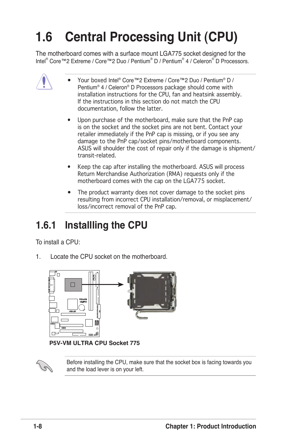 6 central processing unit (cpu), 1 installling the cpu | Asus MOTHERBOARD ULTRA P5V-VM User Manual | Page 18 / 78