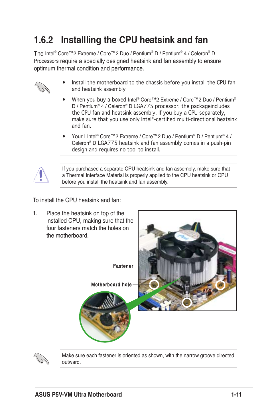 2 installling the cpu heatsink and fan | Asus MOTHERBOARD ULTRA P5V-VM User Manual | Page 21 / 78