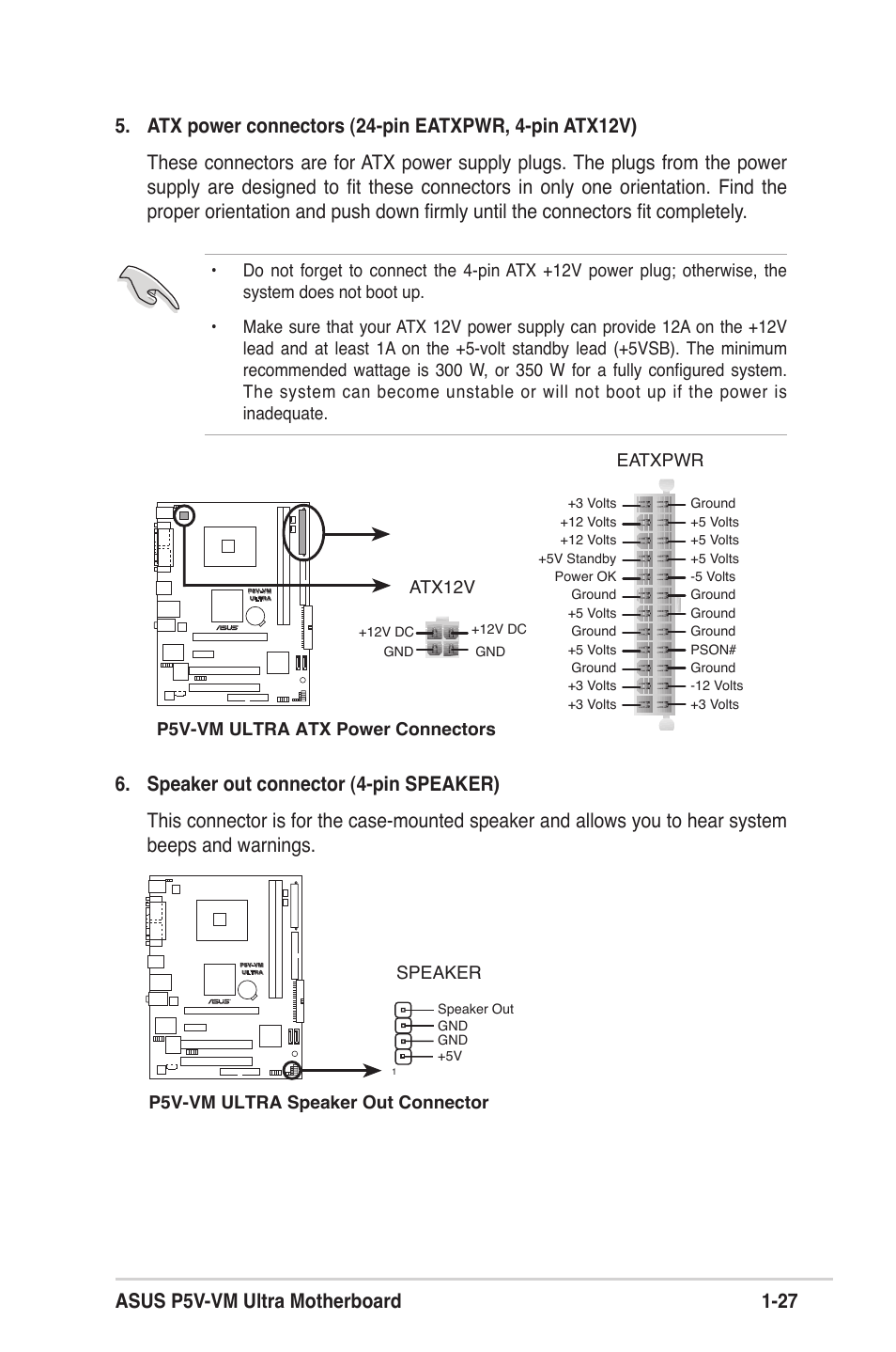 P5v-vm ultra atx power connectors atx12v, Eatxpwr, P5v-vm ultra speaker out connector speaker | Asus MOTHERBOARD ULTRA P5V-VM User Manual | Page 37 / 78