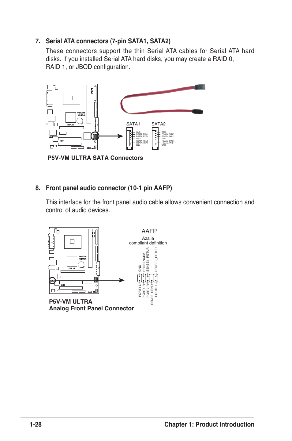 P5v-vm ultra sata connectors, P5v-vm ultra analog front panel connector aafp | Asus MOTHERBOARD ULTRA P5V-VM User Manual | Page 38 / 78