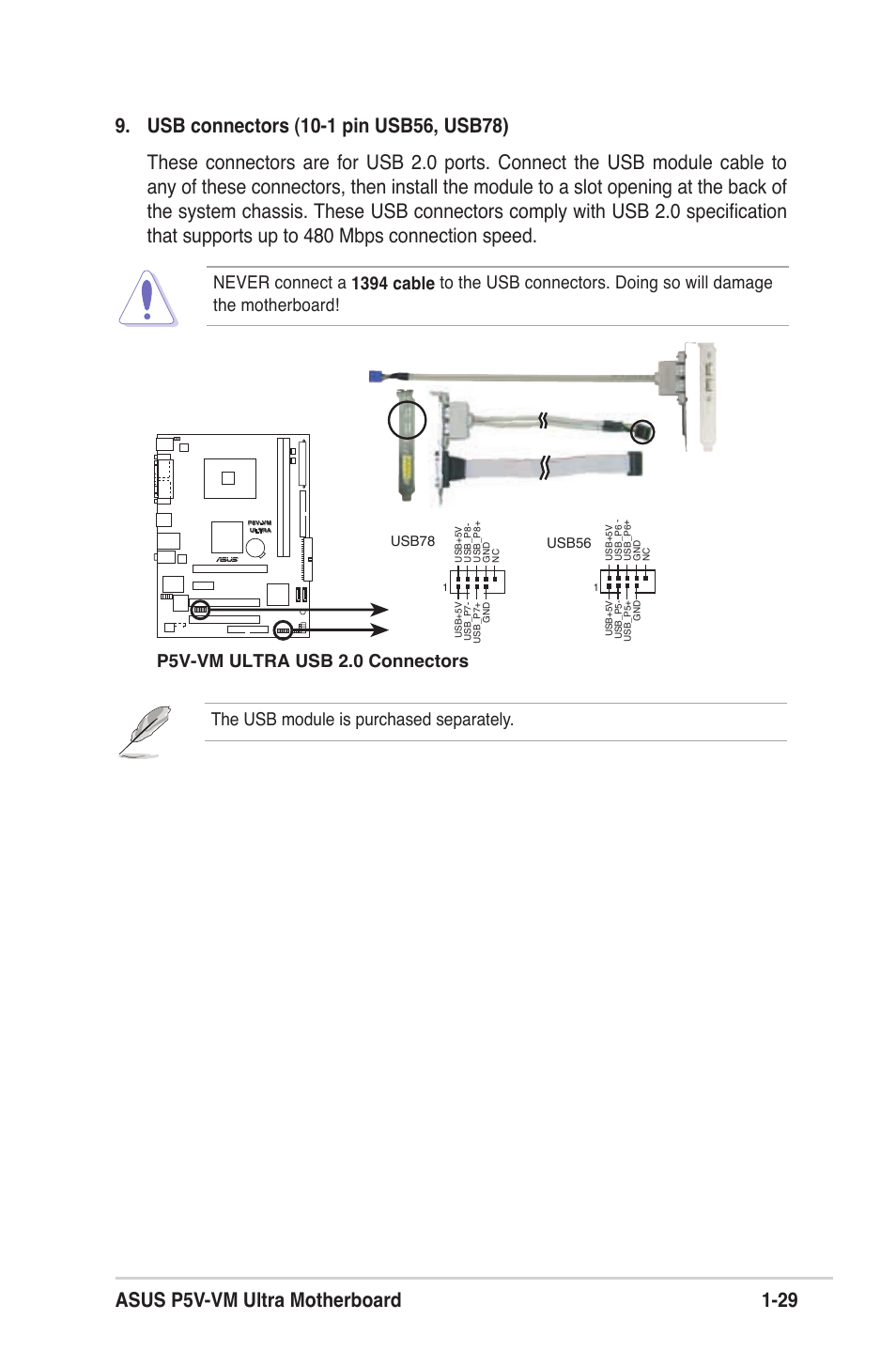 P5v-vm ultra usb 2.0 connectors | Asus MOTHERBOARD ULTRA P5V-VM User Manual | Page 39 / 78