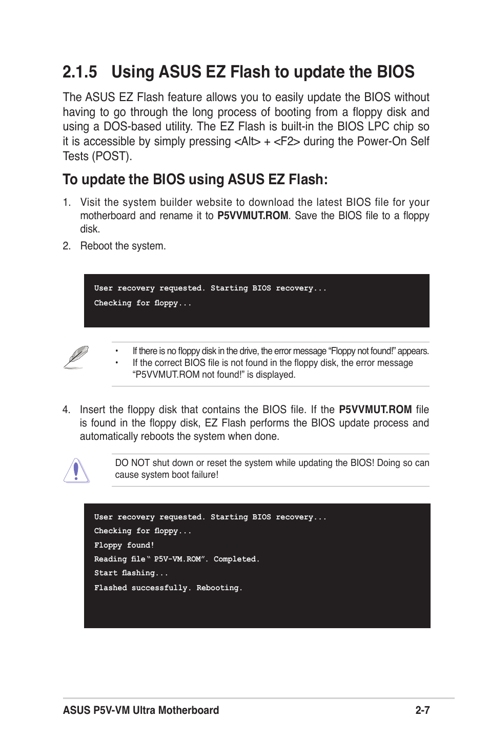 5 using asus ez flash to update the bios | Asus MOTHERBOARD ULTRA P5V-VM User Manual | Page 47 / 78