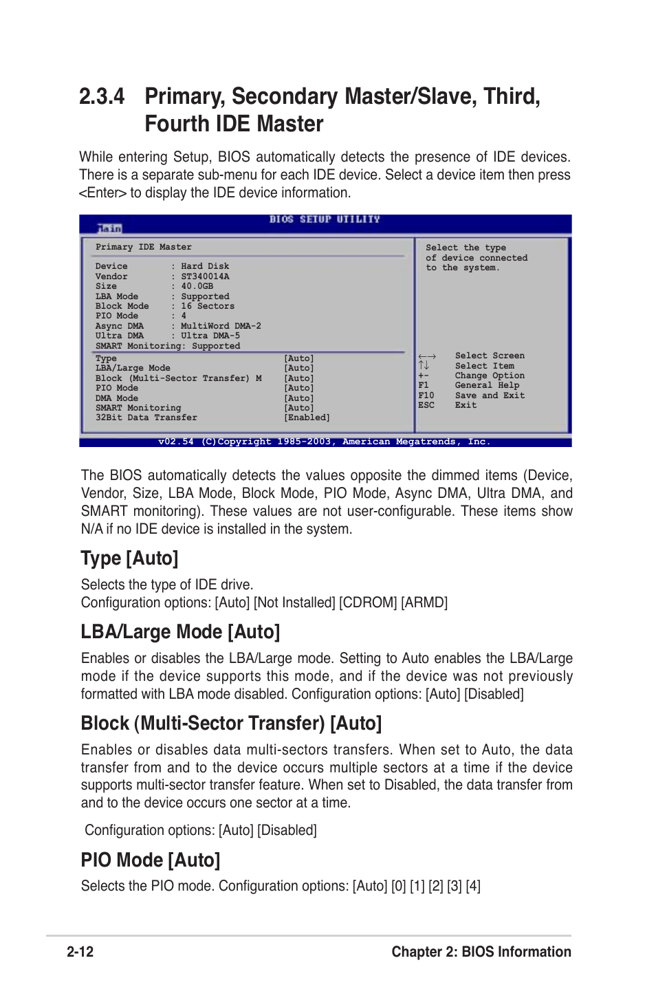 Type [auto, Lba/large mode [auto, Block (multi-sector transfer) [auto | Pio mode [auto, 12 chapter 2: bios information | Asus MOTHERBOARD ULTRA P5V-VM User Manual | Page 52 / 78