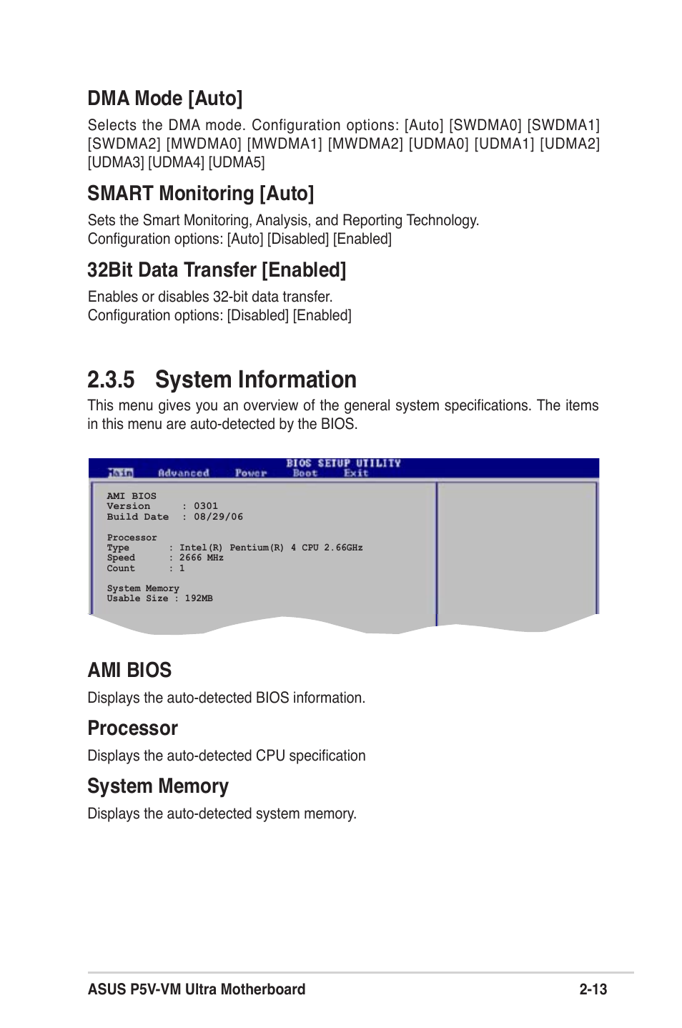 5 system information, Dma mode [auto, Smart monitoring [auto | 32bit data transfer [enabled, Ami bios, Processor | Asus MOTHERBOARD ULTRA P5V-VM User Manual | Page 53 / 78