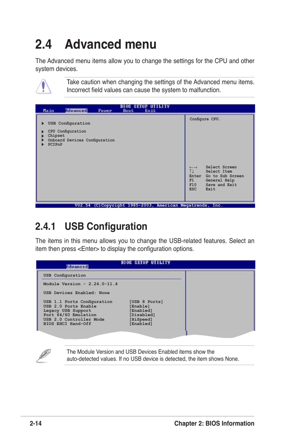  advanced menu, 1 usb configuration, 1 chapter 2: bios information | Asus MOTHERBOARD ULTRA P5V-VM User Manual | Page 54 / 78