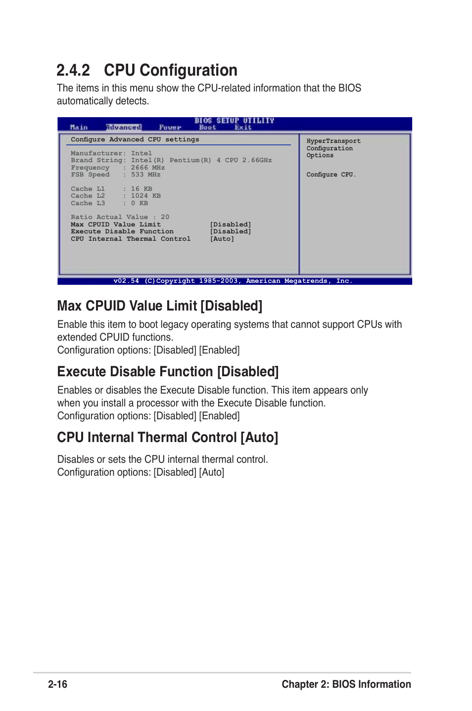 2 cpu configuration, Max cpuid value limit [disabled, Execute disable function [disabled | Cpu internal thermal control [auto | Asus MOTHERBOARD ULTRA P5V-VM User Manual | Page 56 / 78