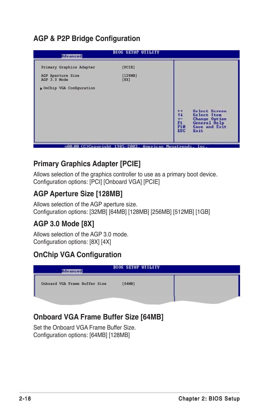 Primary graphics adapter [pcie, Agp aperture size [128mb, Agp 3.0 mode [8x | Onboard vga frame buffer size [64mb | Asus MOTHERBOARD ULTRA P5V-VM User Manual | Page 58 / 78