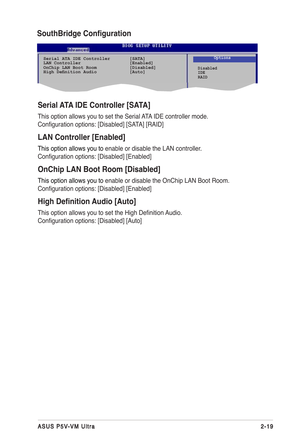 Lan controller [enabled, Onchip lan boot room [disabled, High definition audio [auto | Asus MOTHERBOARD ULTRA P5V-VM User Manual | Page 59 / 78