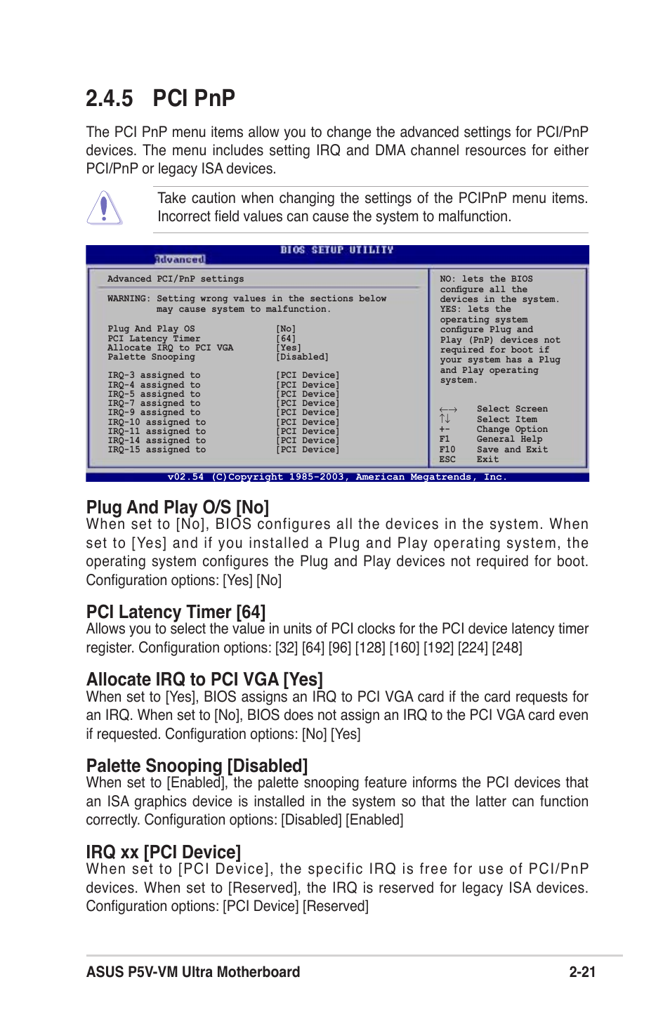 .5 pci pnp, Plug and play o/s [no, Pci latency timer [64 | Allocate irq to pci vga [yes, Palette snooping [disabled, Irq xx [pci device, Asus p5v-vm ultra motherboard 2-21 | Asus MOTHERBOARD ULTRA P5V-VM User Manual | Page 61 / 78