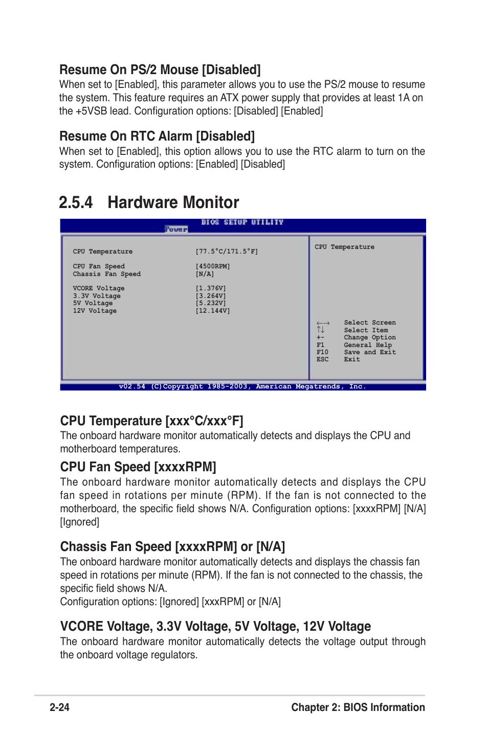  hardware monitor, Cpu temperature [xxx°c/xxx°f, Resume on ps/2 mouse [disabled | Resume on rtc alarm [disabled | Asus MOTHERBOARD ULTRA P5V-VM User Manual | Page 64 / 78