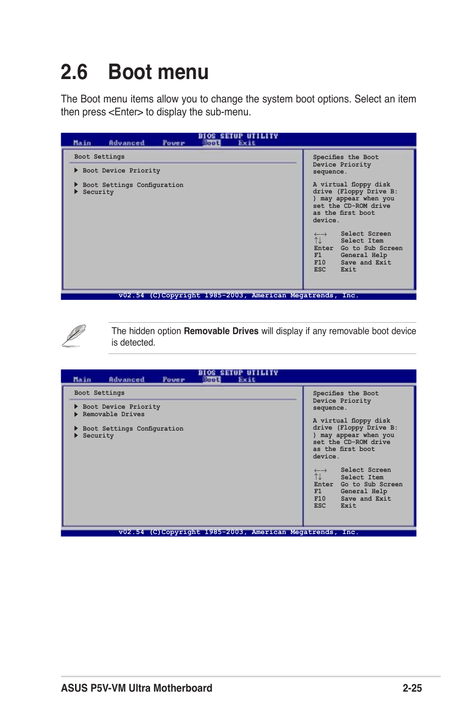 6 boot menu, Asus p5v-vm ultra motherboard 2-25 | Asus MOTHERBOARD ULTRA P5V-VM User Manual | Page 65 / 78