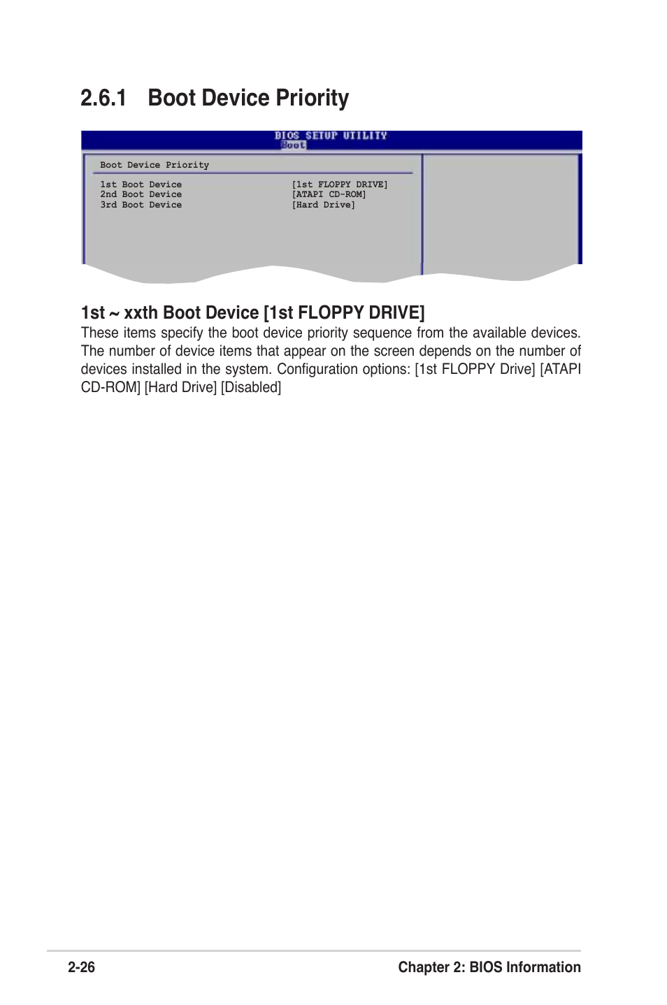 1 boot device priority, 1st ~ xxth boot device [1st floppy drive, 26 chapter 2: bios information | Asus MOTHERBOARD ULTRA P5V-VM User Manual | Page 66 / 78