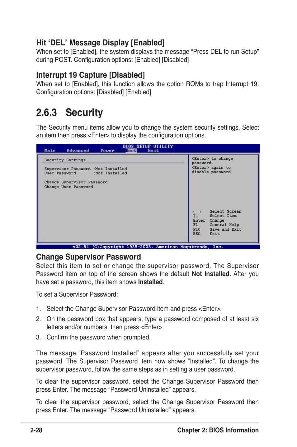 3 security, Change supervisor password, Hit ‘del’ message display [enabled | Interrupt 19 capture [disabled | Asus MOTHERBOARD ULTRA P5V-VM User Manual | Page 68 / 78