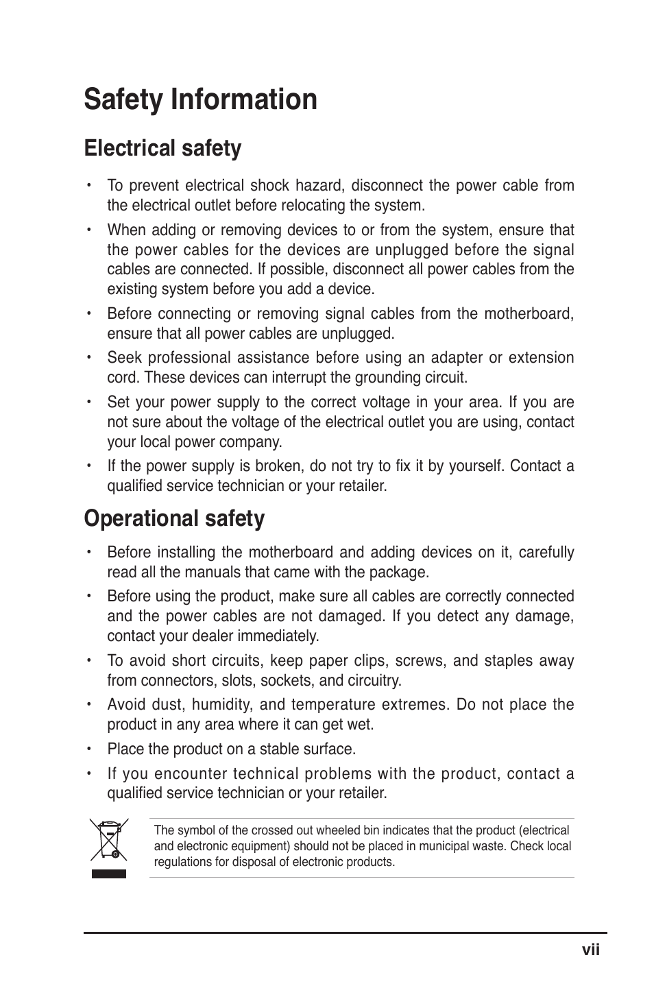 Safety information, Electrical safety, Operational safety | Asus MOTHERBOARD ULTRA P5V-VM User Manual | Page 7 / 78