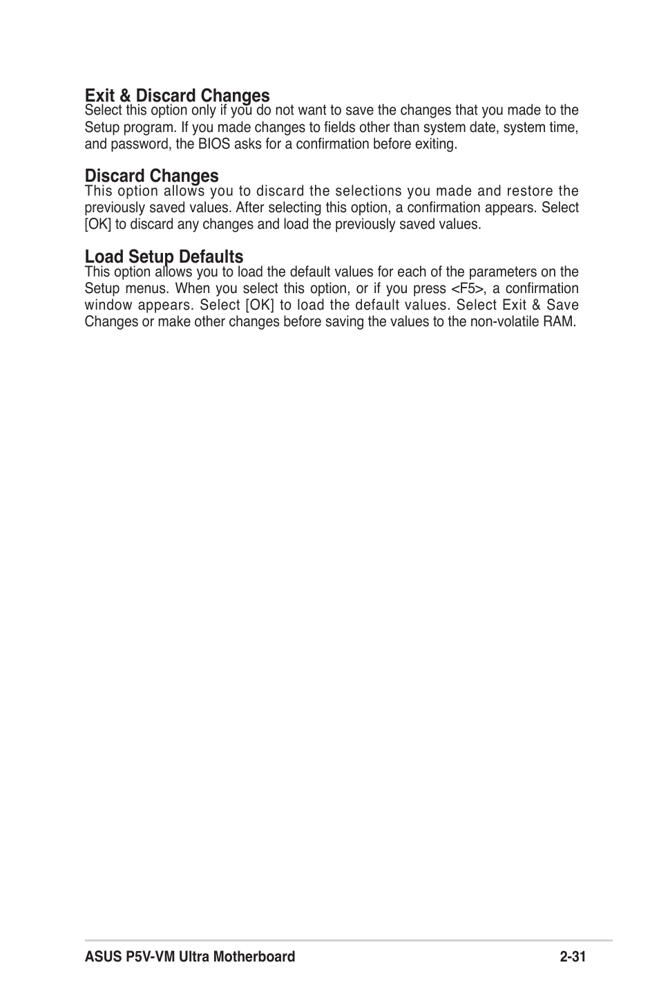 Exit & discard changes, Discard changes, Load setup defaults | Asus MOTHERBOARD ULTRA P5V-VM User Manual | Page 71 / 78