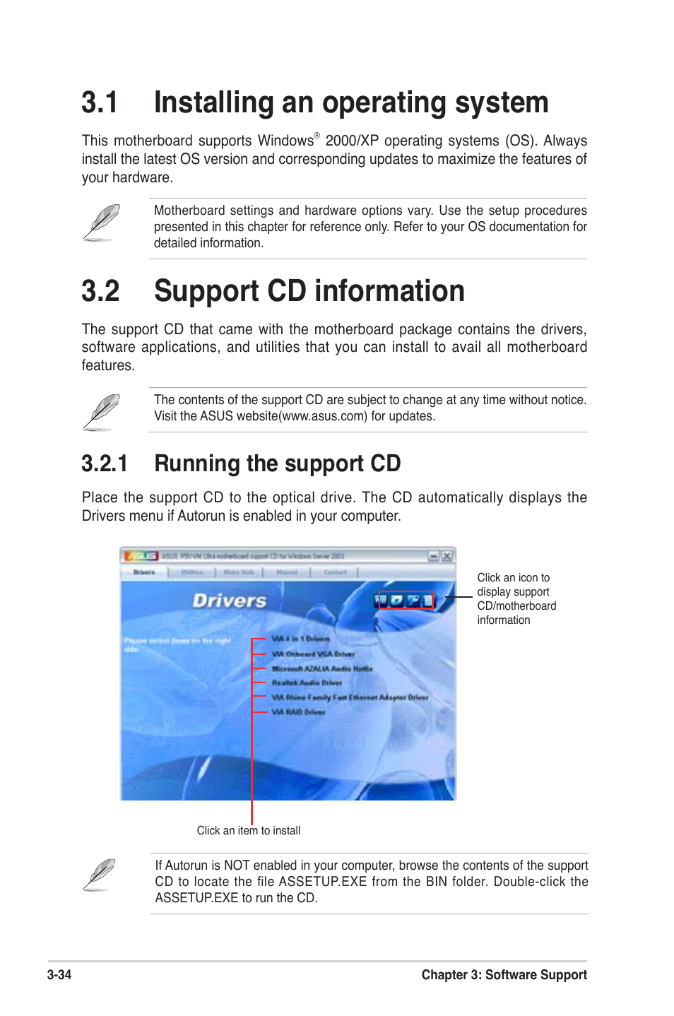 1 installing an operating system, 2 support cd information, 1 running the support cd | Asus MOTHERBOARD ULTRA P5V-VM User Manual | Page 74 / 78