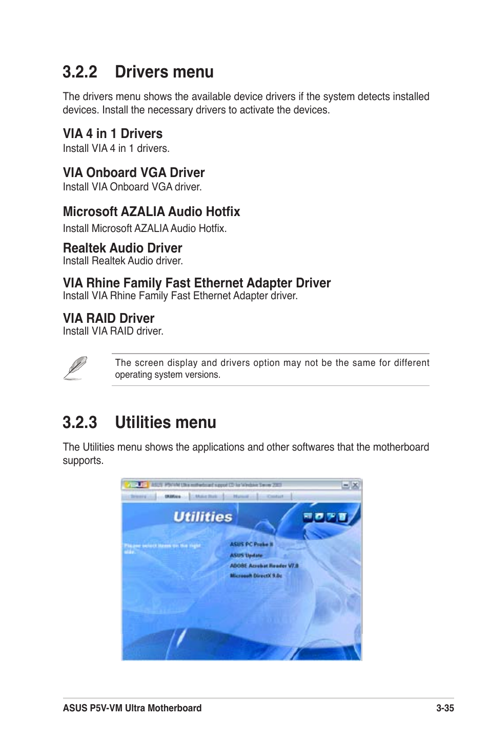 2 drivers menu, 3 utilities menu | Asus MOTHERBOARD ULTRA P5V-VM User Manual | Page 75 / 78