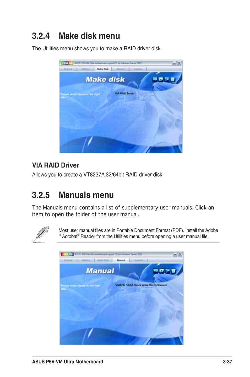  make disk menu, 5 manuals menu, Via raid driver | Asus MOTHERBOARD ULTRA P5V-VM User Manual | Page 77 / 78