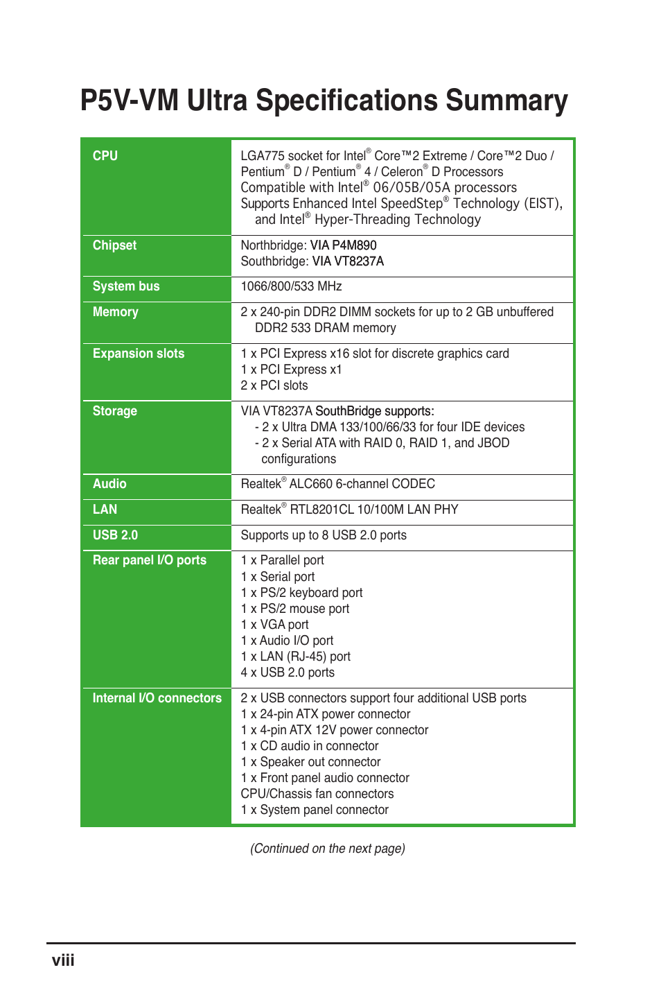 P5v-vm ultra specifications summary, Viii | Asus MOTHERBOARD ULTRA P5V-VM User Manual | Page 8 / 78