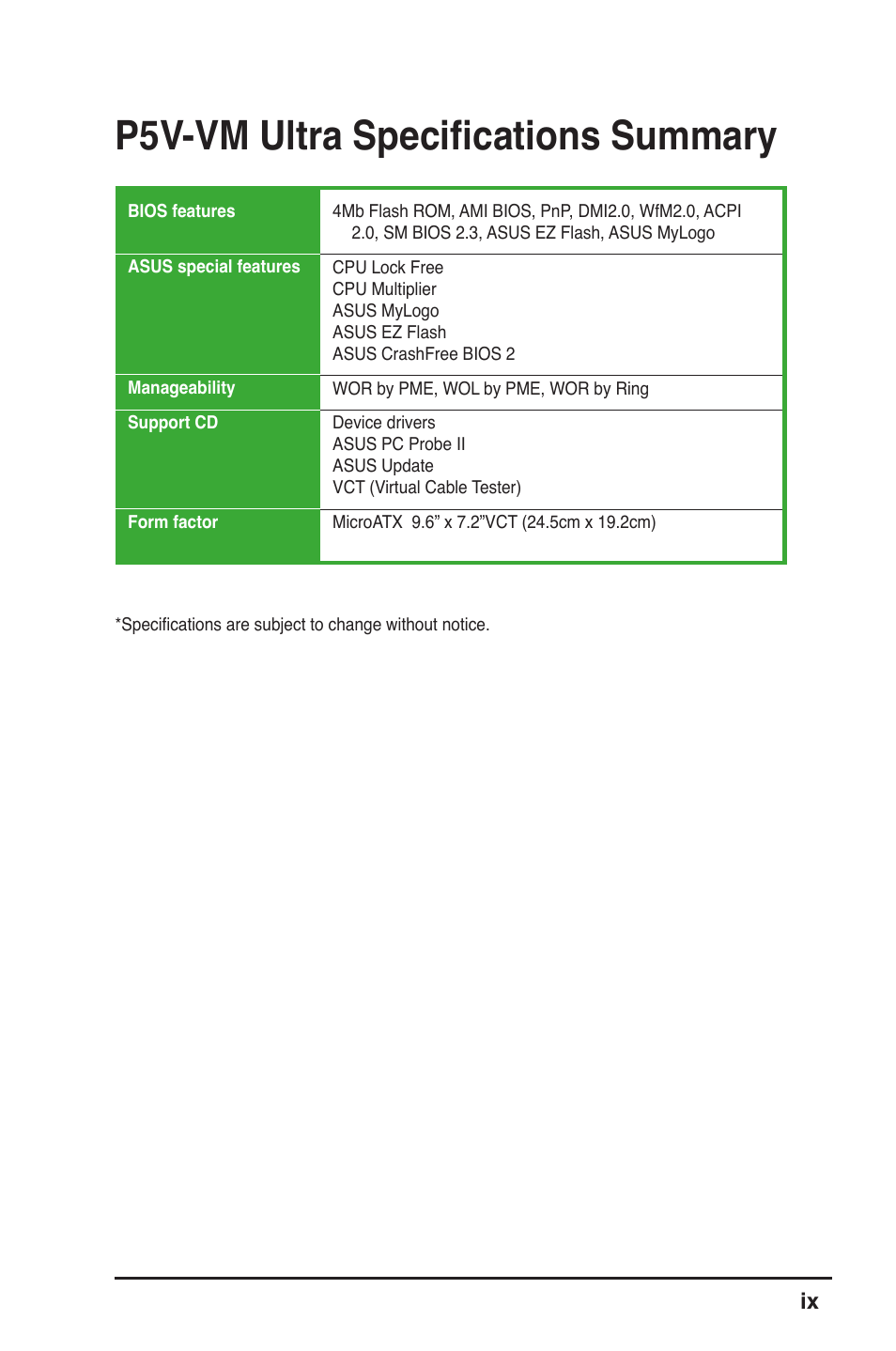 P5v-vm ultra specifications summary | Asus MOTHERBOARD ULTRA P5V-VM User Manual | Page 9 / 78