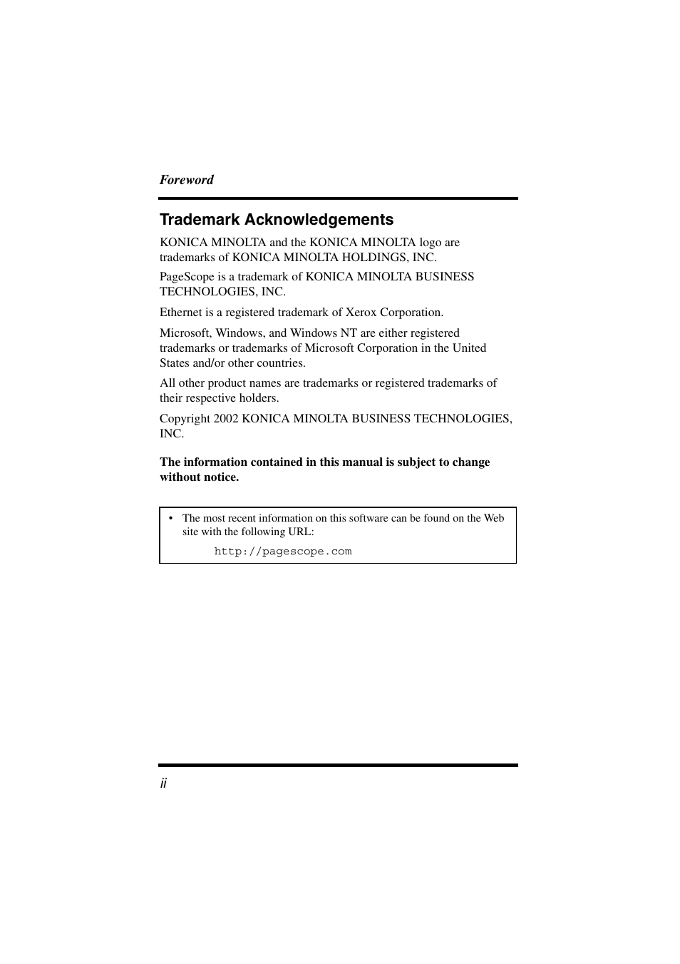 Trademark acknowledgements | Konica Minolta BIZHUB C30P User Manual | Page 3 / 20