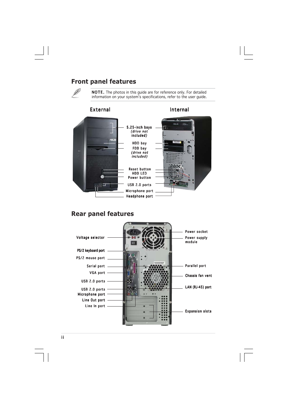 Front panel features, Rear panel features, External | Asus AE1 User Manual | Page 2 / 8