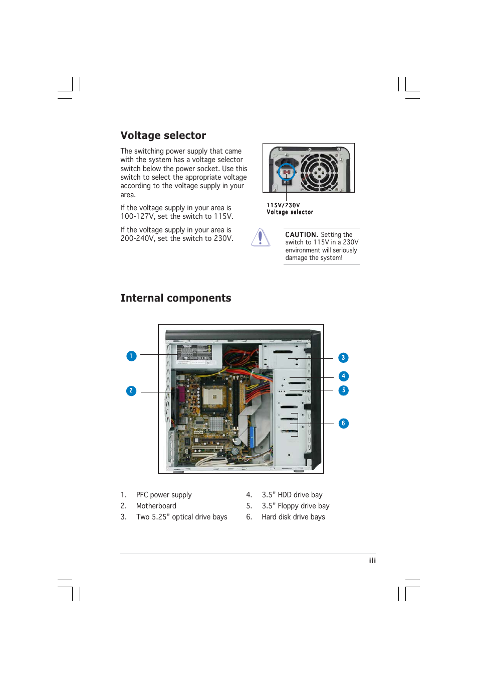 Voltage selector, Internal components | Asus AE1 User Manual | Page 3 / 8