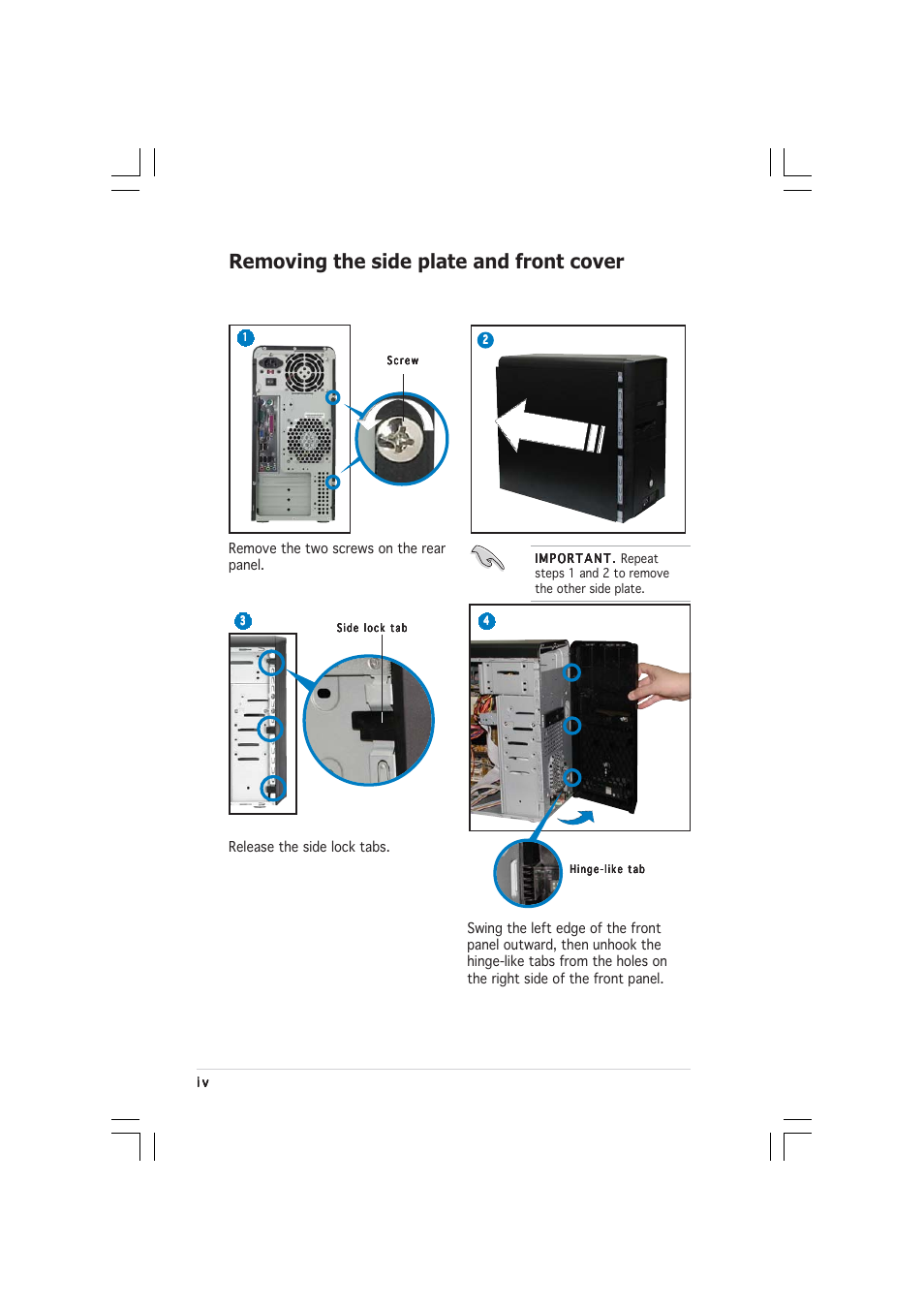 Removing the side plate and front cover | Asus AE1 User Manual | Page 4 / 8