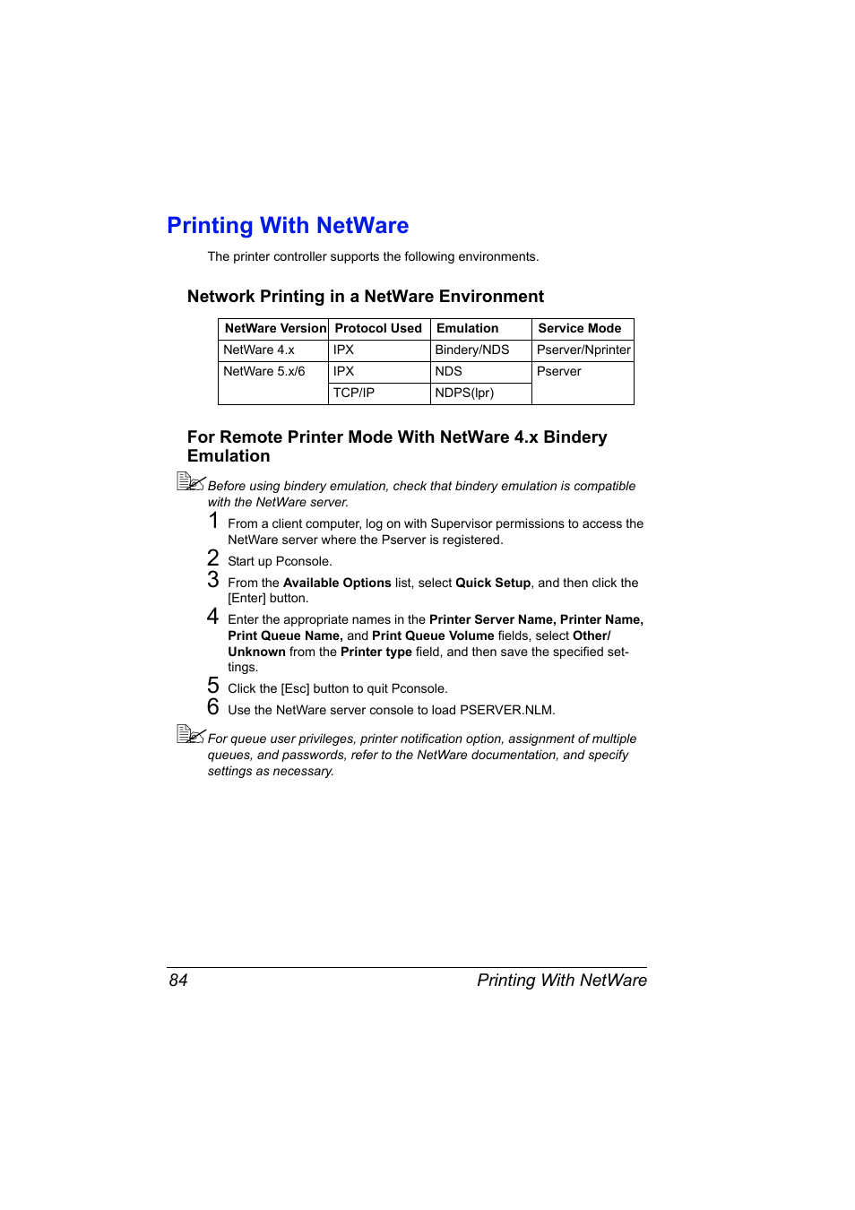 Printing with netware, Network printing in a netware environment, Printing with netware 84 | Konica Minolta magicolor 4650EN User Manual | Page 102 / 334