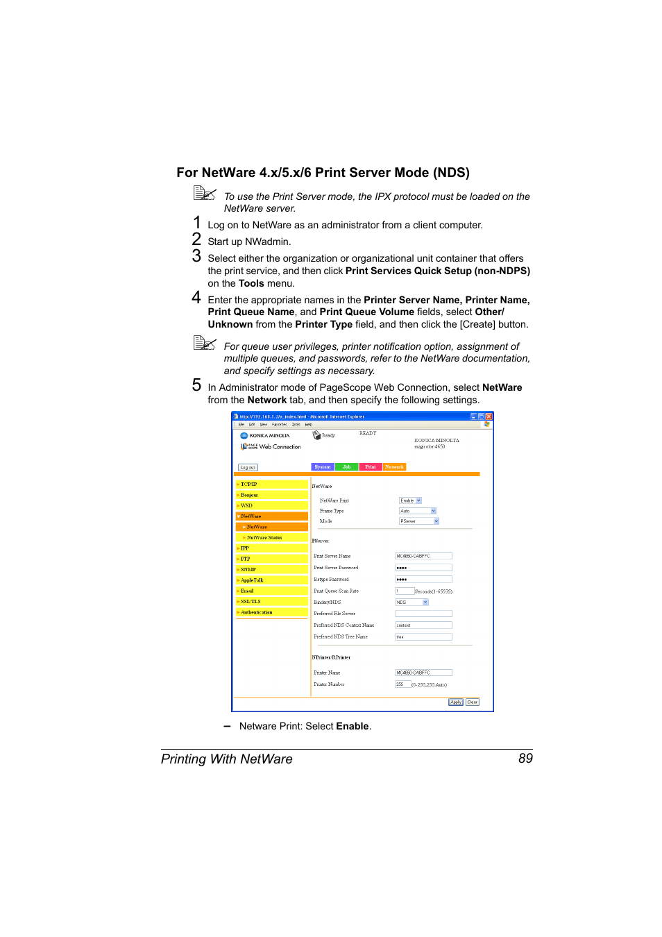 For netware 4.x/5.x/6 print server mode (nds), For netware 4.x/5.x/6 print server mode (nds) 89 | Konica Minolta magicolor 4650EN User Manual | Page 107 / 334