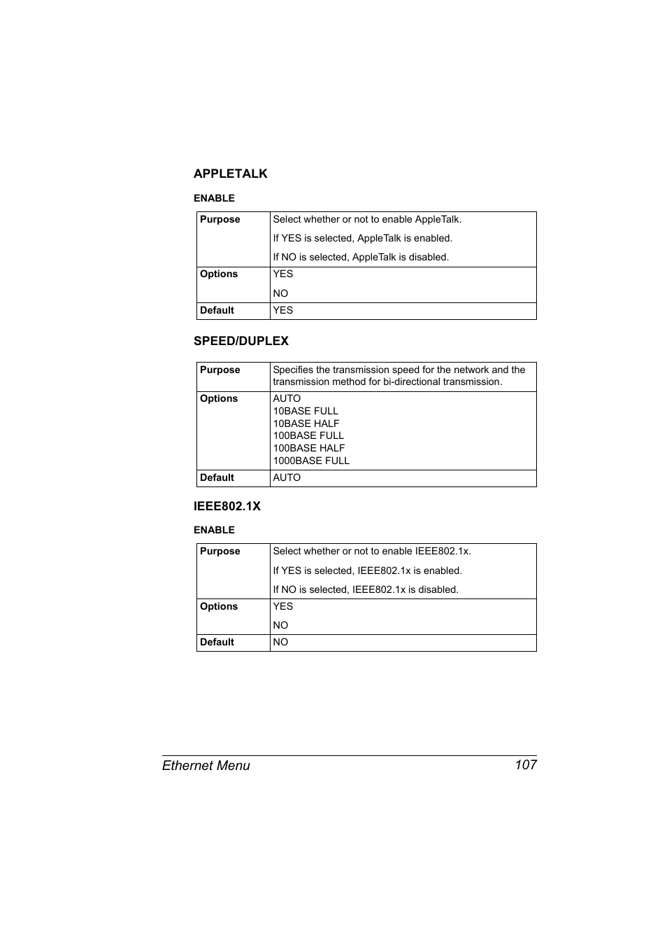 Appletalk, Speed/duplex, Ieee802.1x | Appletalk 107 speed/duplex 107 ieee802.1x 107, Ethernet menu 107 | Konica Minolta magicolor 4650EN User Manual | Page 125 / 334
