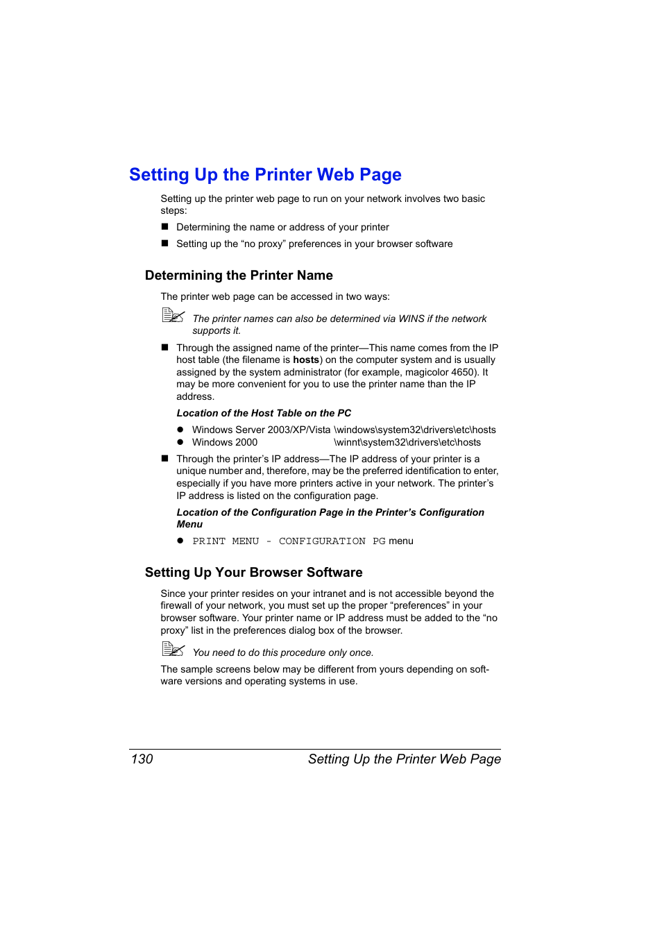 Determining the printer name, Setting up your browser software, Setting up the printer web page | Konica Minolta magicolor 4650EN User Manual | Page 148 / 334