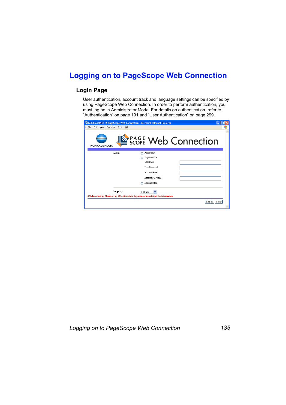 Logging on to pagescope web connection | Konica Minolta magicolor 4650EN User Manual | Page 153 / 334
