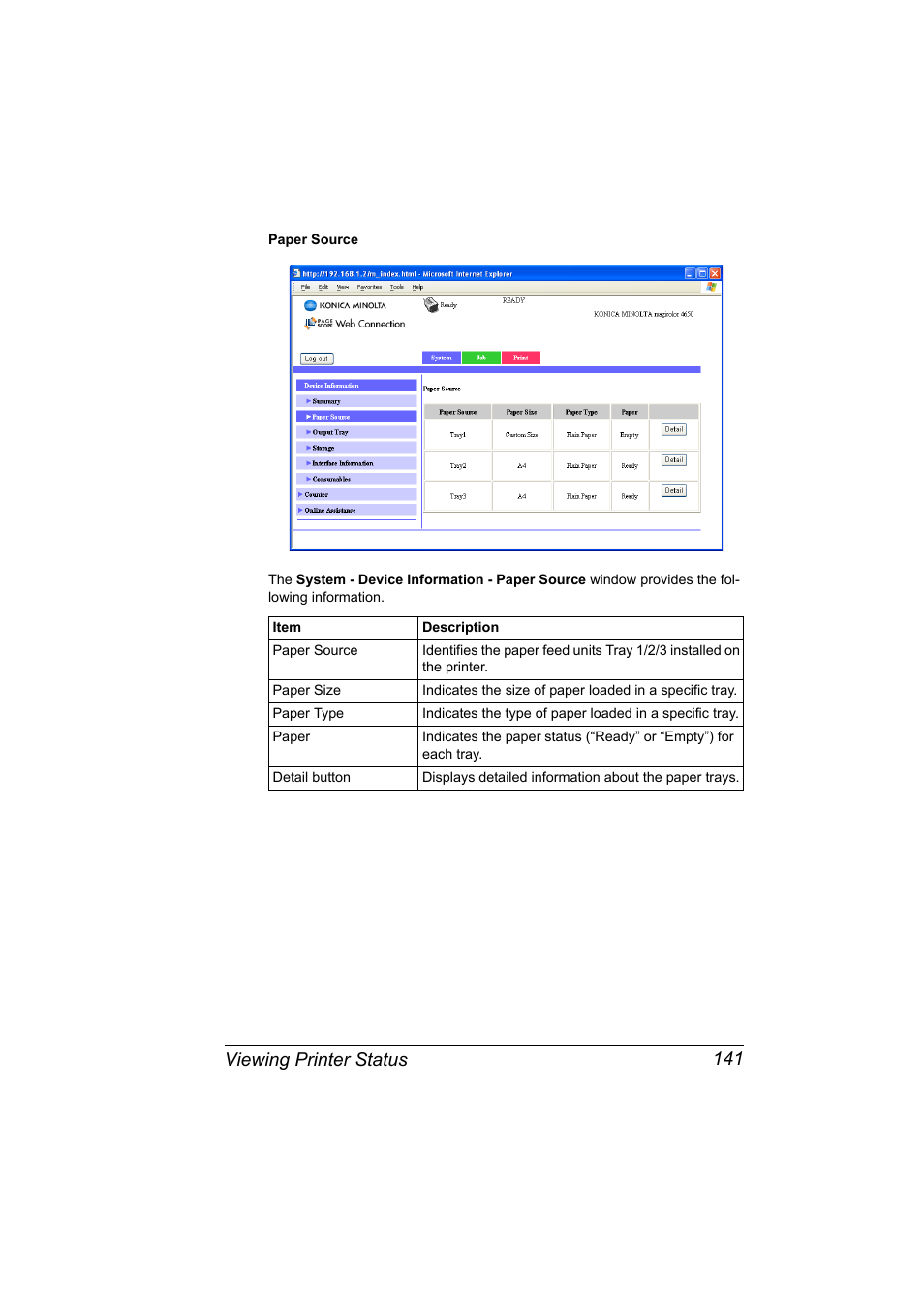 Viewing printer status 141 | Konica Minolta magicolor 4650EN User Manual | Page 159 / 334