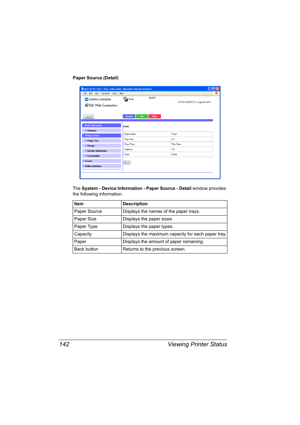 Viewing printer status 142 | Konica Minolta magicolor 4650EN User Manual | Page 160 / 334