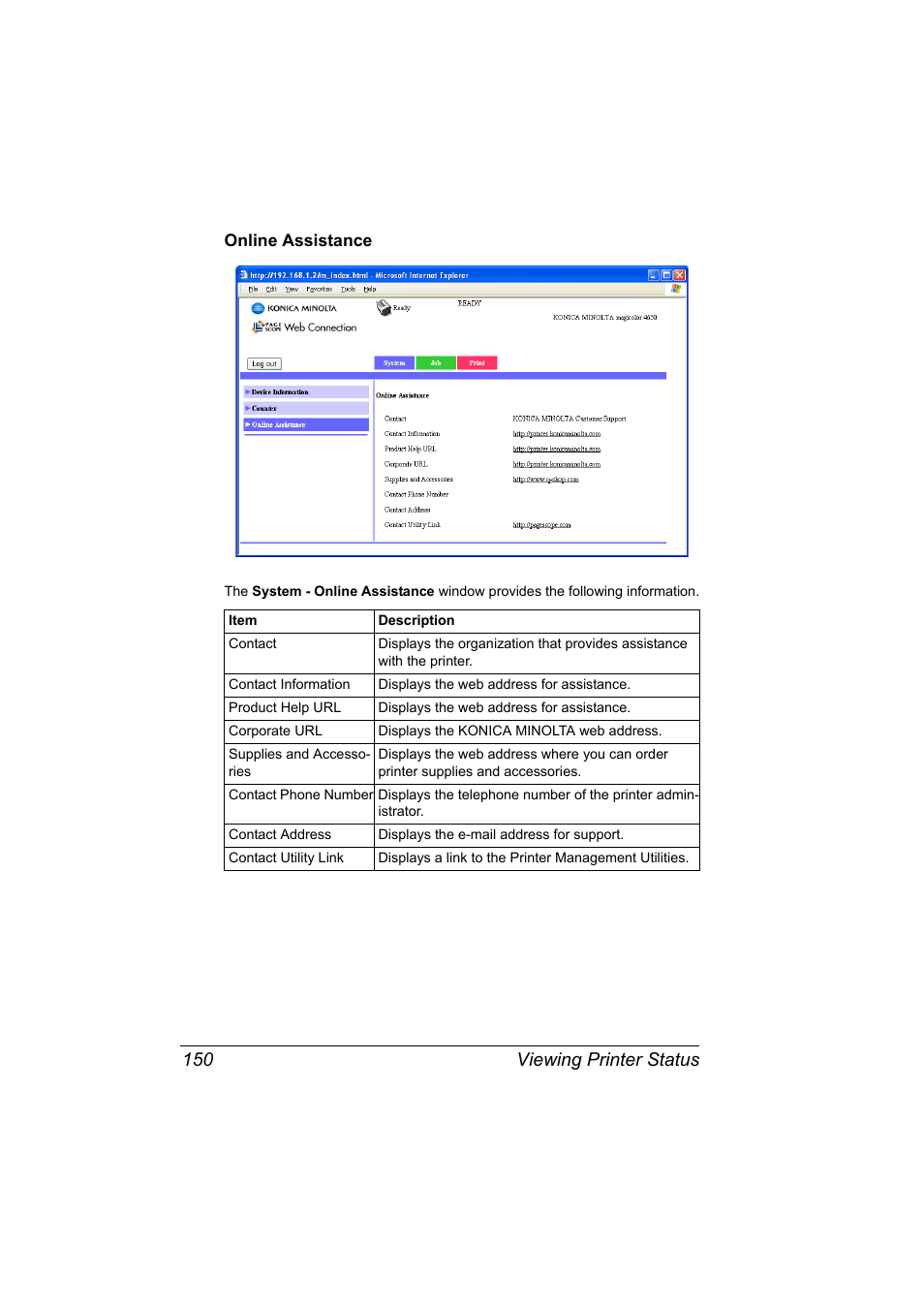 Online assistance, Online assistance 150, Viewing printer status 150 | Konica Minolta magicolor 4650EN User Manual | Page 168 / 334
