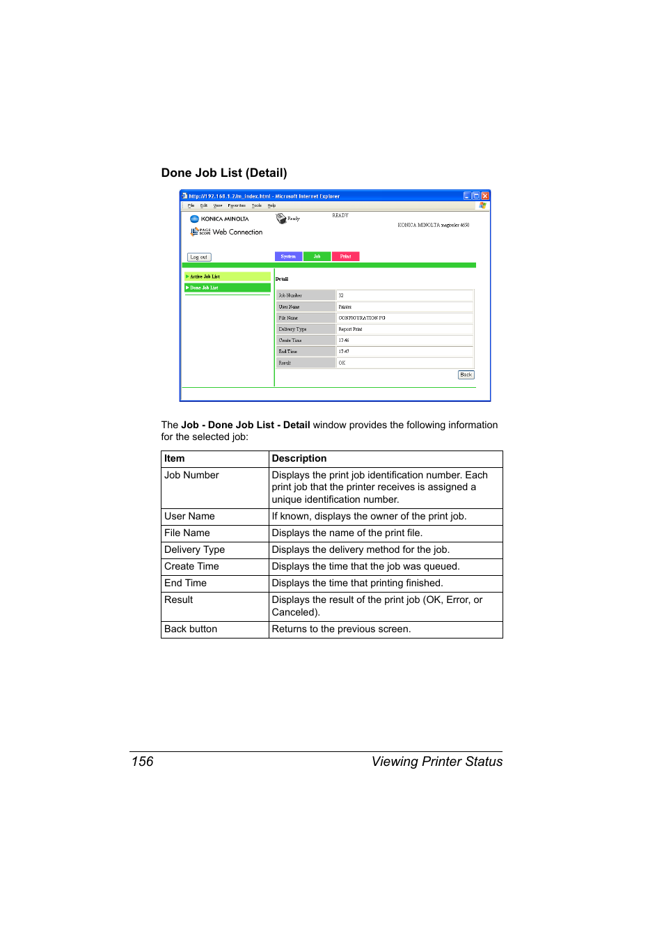 Done job list (detail), Done job list (detail) 156, Viewing printer status 156 | Konica Minolta magicolor 4650EN User Manual | Page 174 / 334