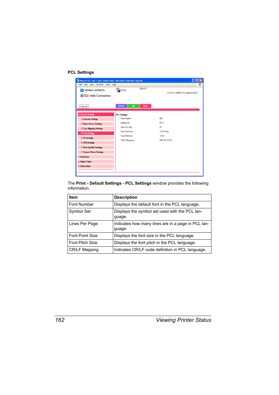 Viewing printer status 162 | Konica Minolta magicolor 4650EN User Manual | Page 180 / 334