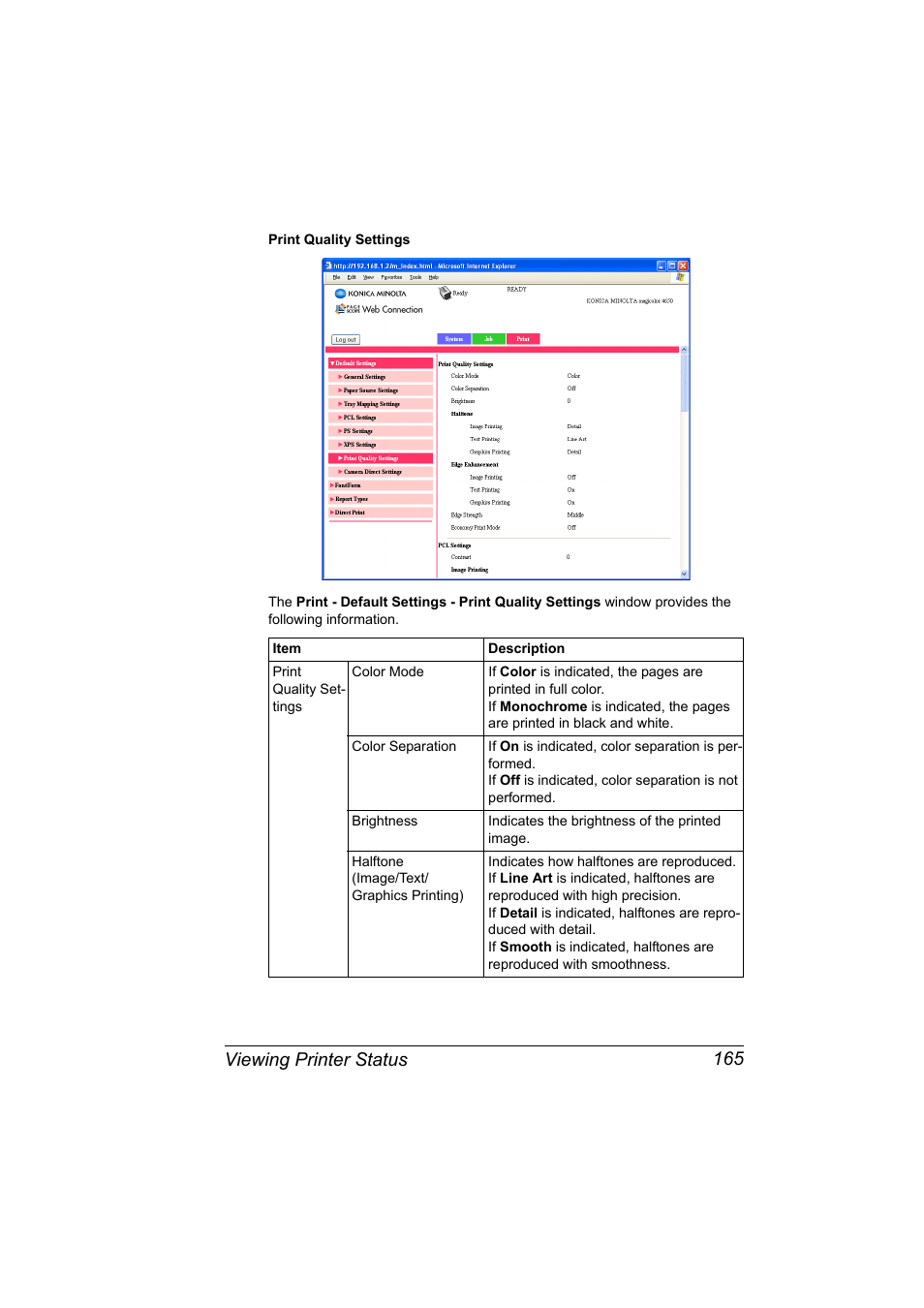 Viewing printer status 165 | Konica Minolta magicolor 4650EN User Manual | Page 183 / 334