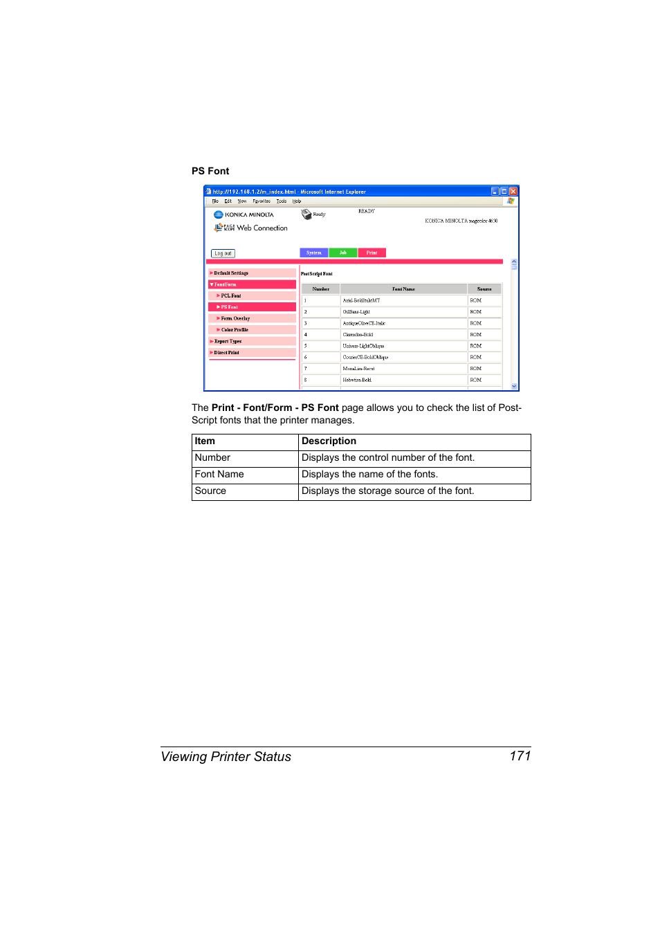 Viewing printer status 171 | Konica Minolta magicolor 4650EN User Manual | Page 189 / 334