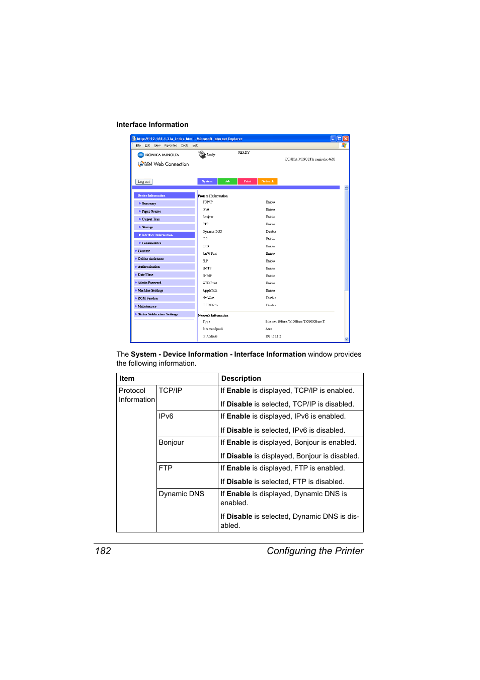 Configuring the printer 182 | Konica Minolta magicolor 4650EN User Manual | Page 200 / 334
