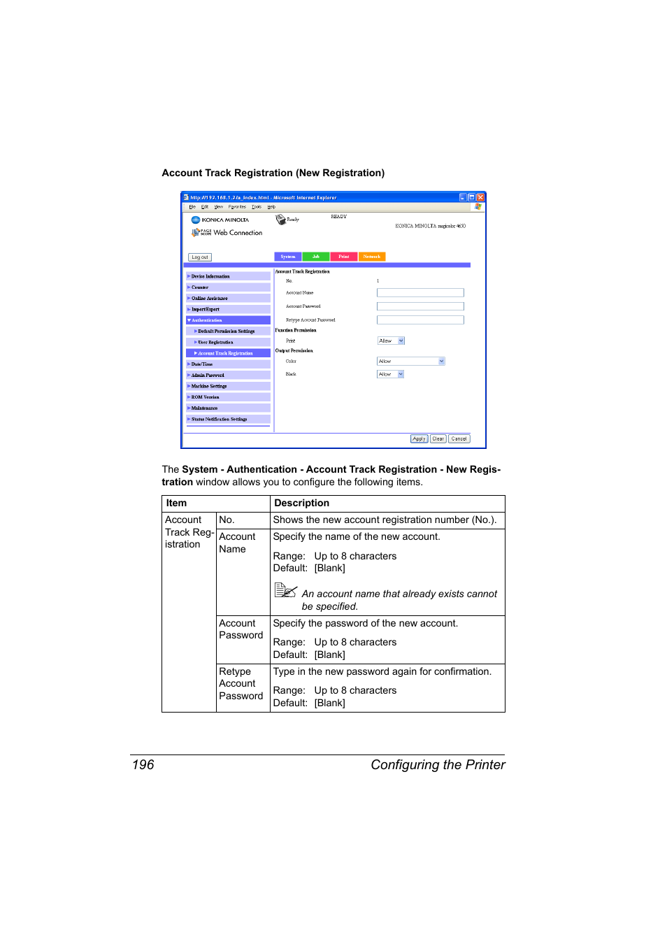 Configuring the printer 196 | Konica Minolta magicolor 4650EN User Manual | Page 214 / 334
