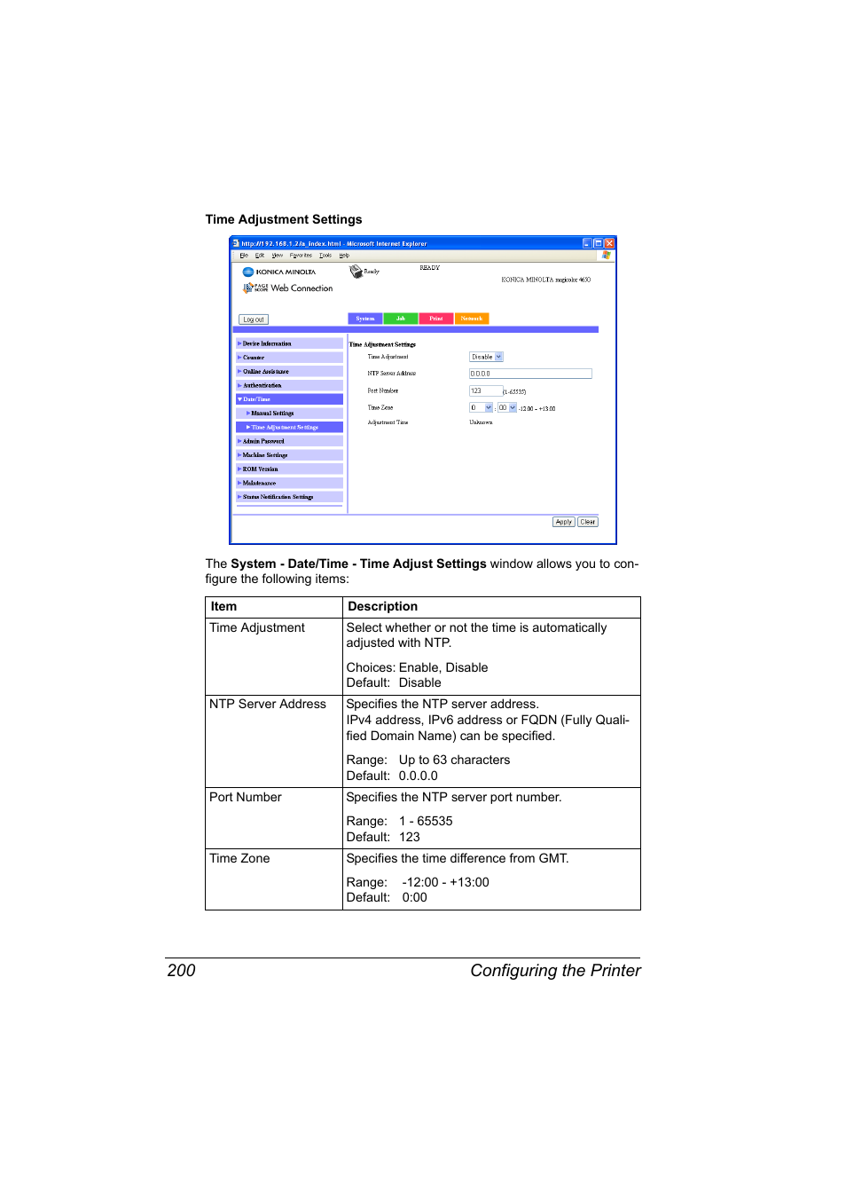 Configuring the printer 200 | Konica Minolta magicolor 4650EN User Manual | Page 218 / 334