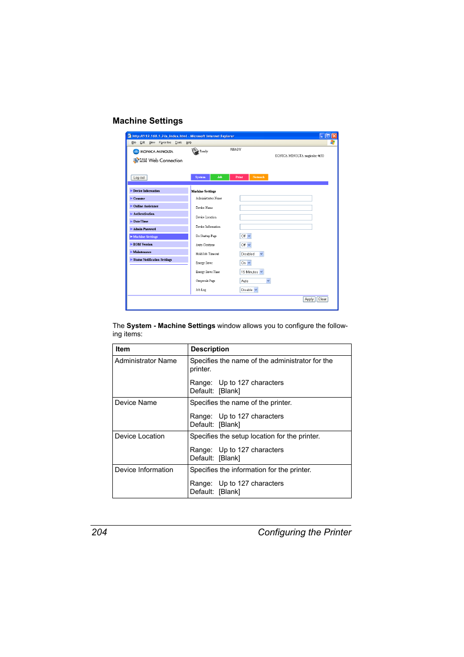 Machine settings, Machine settings 204, Configuring the printer 204 | Konica Minolta magicolor 4650EN User Manual | Page 222 / 334