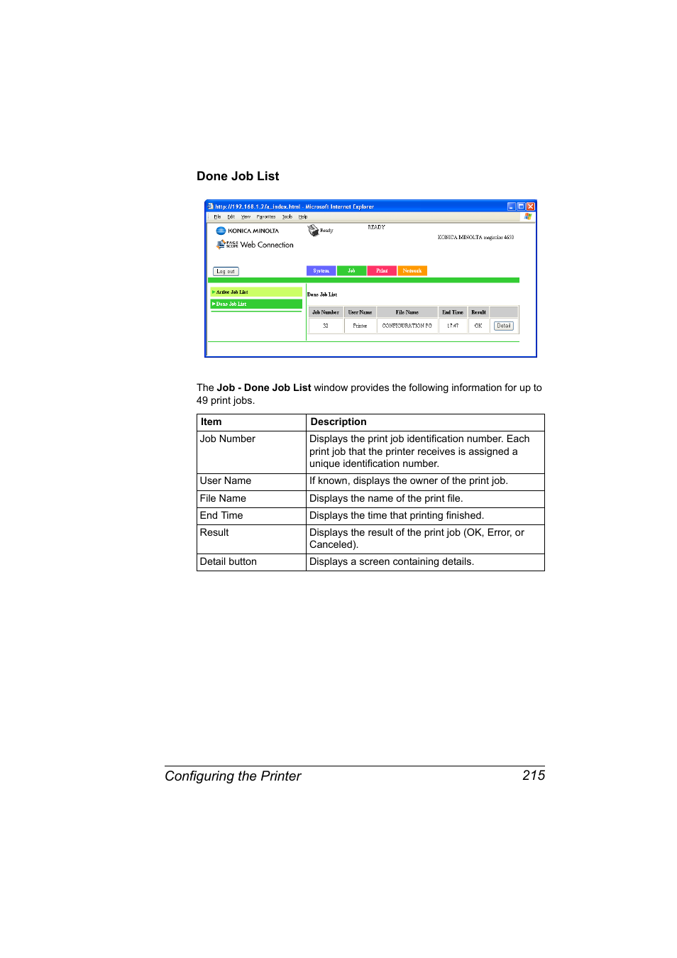 Done job list, Done job list 215, Configuring the printer 215 | Konica Minolta magicolor 4650EN User Manual | Page 233 / 334