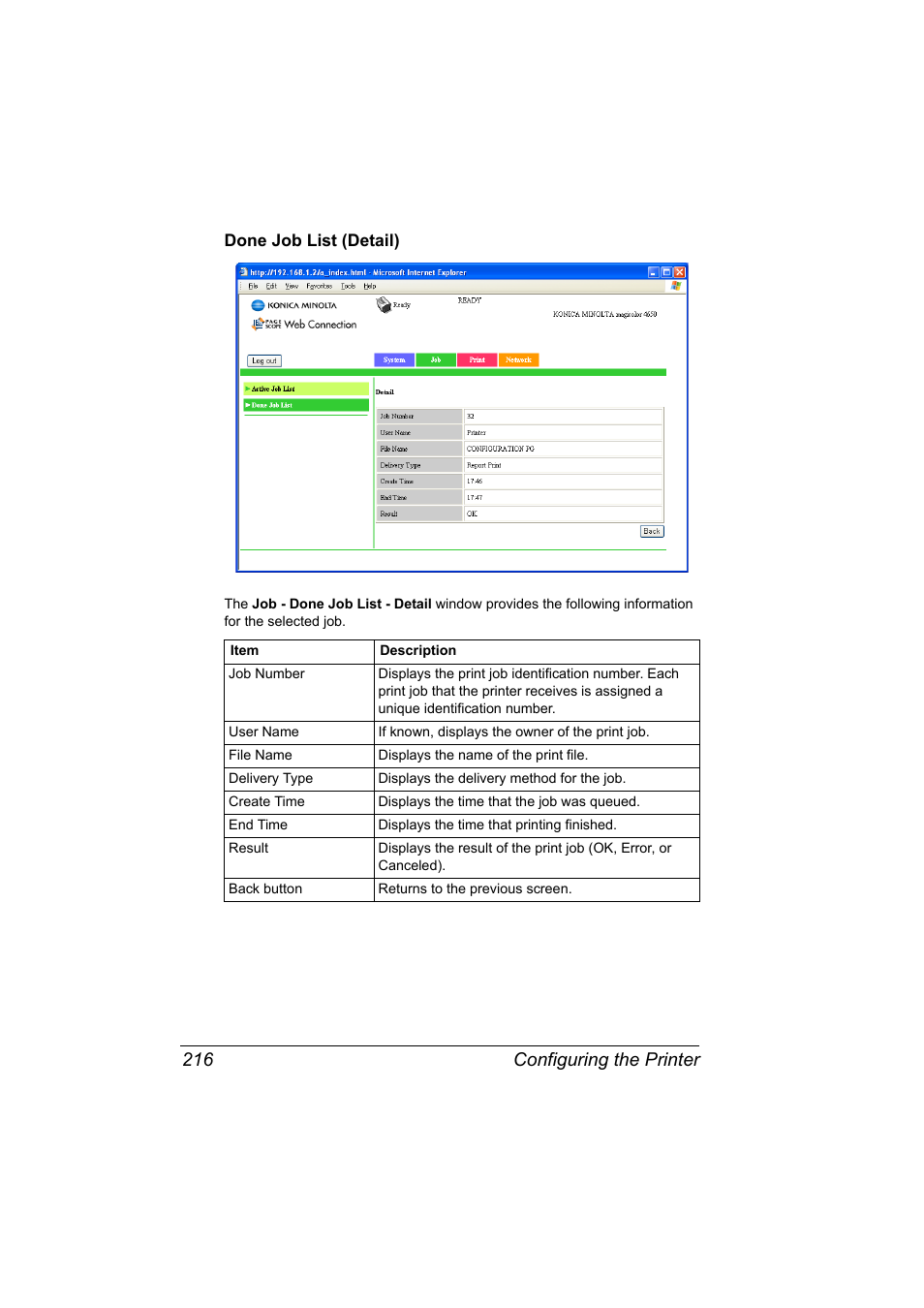 Done job list (detail), Done job list (detail) 216, Configuring the printer 216 | Konica Minolta magicolor 4650EN User Manual | Page 234 / 334