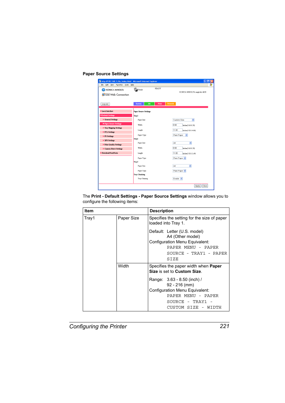 Configuring the printer 221 | Konica Minolta magicolor 4650EN User Manual | Page 239 / 334