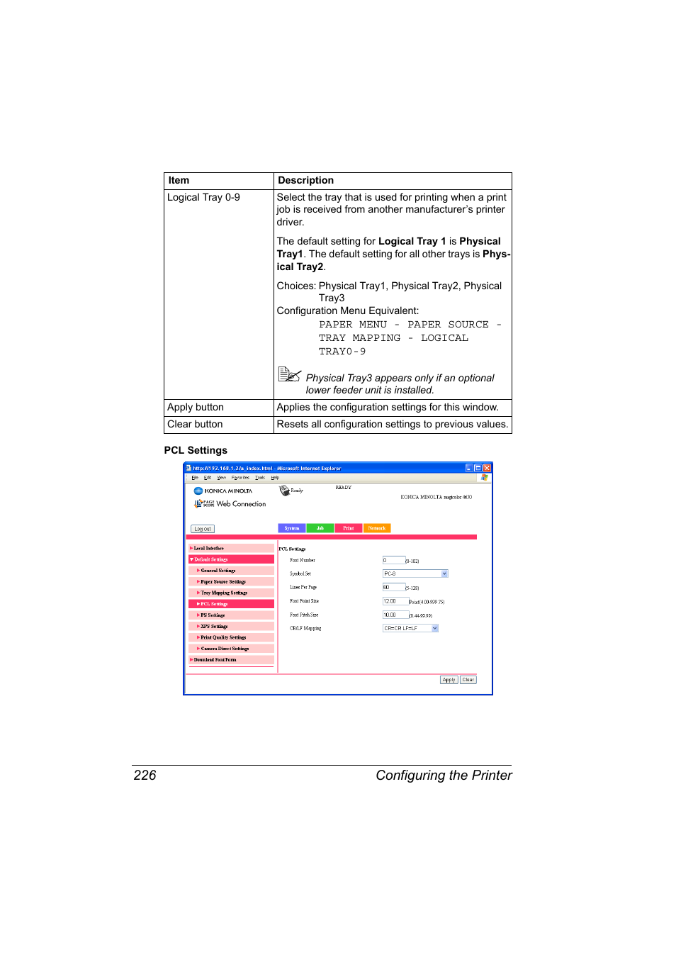 Configuring the printer 226 | Konica Minolta magicolor 4650EN User Manual | Page 244 / 334