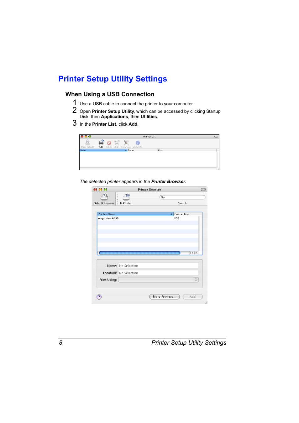 Printer setup utility settings, When using a usb connection, Printer setup utility settings 8 | When using a usb connection 8 | Konica Minolta magicolor 4650EN User Manual | Page 26 / 334
